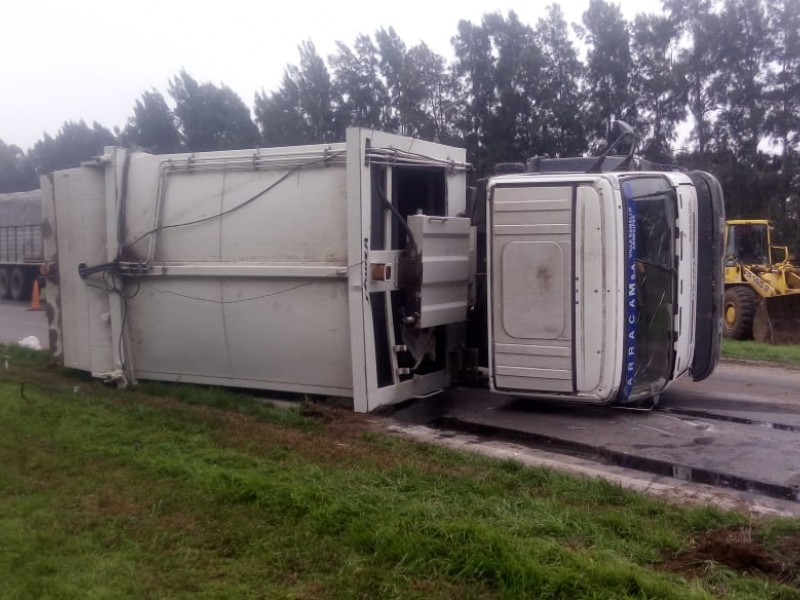 Un camión de recolección de residuos volcó en la mañana de este martes 11 de junio sobre el Camino de la Costa, frente a las instalaciones del complejo de Bunge. El vehículo quedó tendido sobre la cinta asfáltica, por lo que se debió asistir el tránsito en la zona.