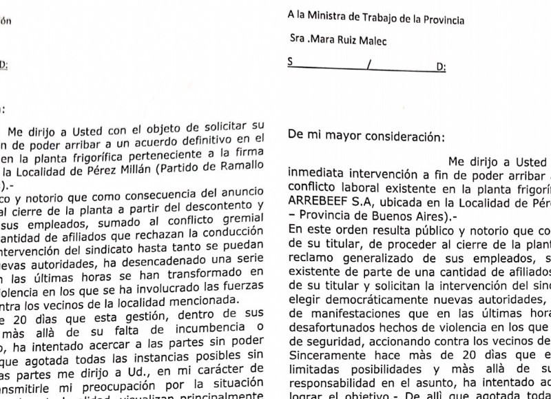 Cartas enviadas a los ministros de Trabajo de Nación y Provincia.