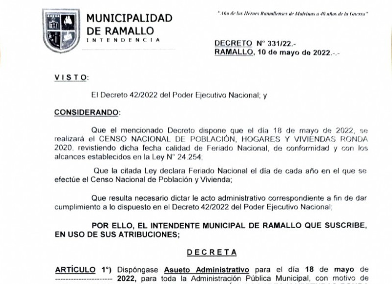 El decreto rubricado por el intendente.