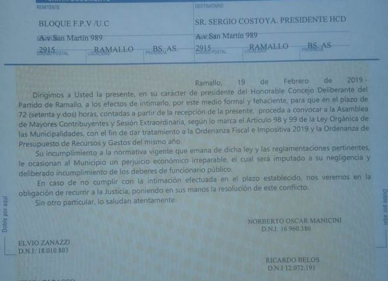 La carta documento en cuestión.