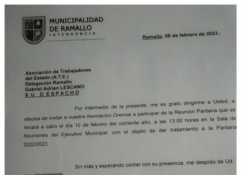 El objeto de la invitación es dar tratamiento a la paritaria 2022/23.